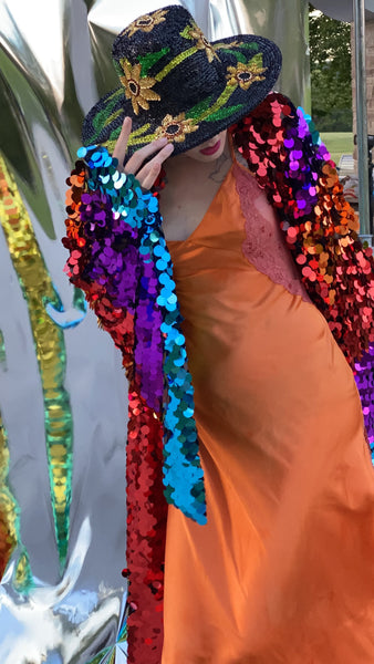 Rainbow Pride Sequin Bell Sleeve Kimono Inspired Festival Robe Plus Size Available