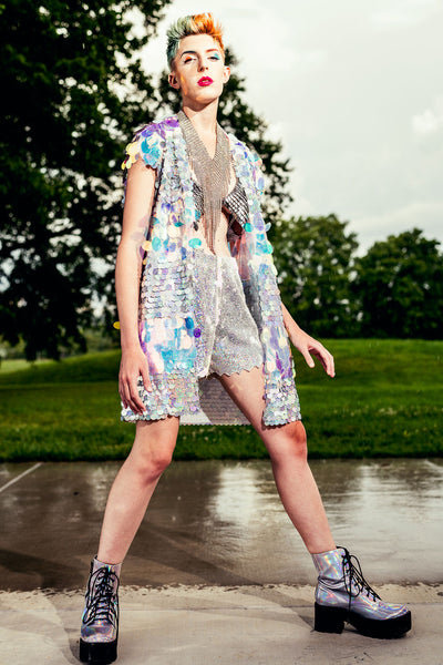 Holographic Iridescent Stripe Short Sequin Vest