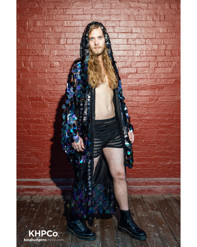Holographic Iridescent Stripe Sequin Kimono | Plus Size Kimono | Rave | Burning Man ⎪ Wizard Bell Sleeve ⎪ Music Festival