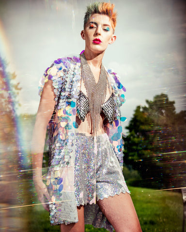 Holographic Iridescent Stripe Short Sequin Vest