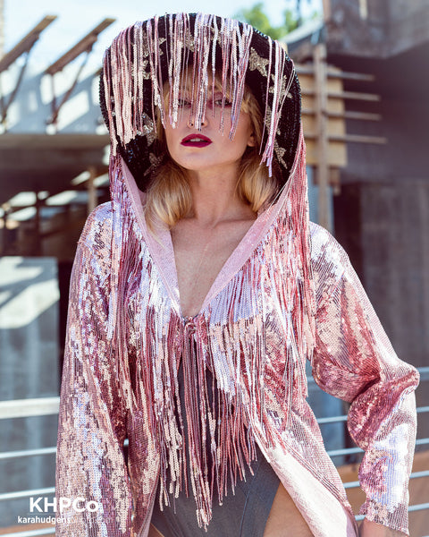 Sequin Fringe Hooded Duster