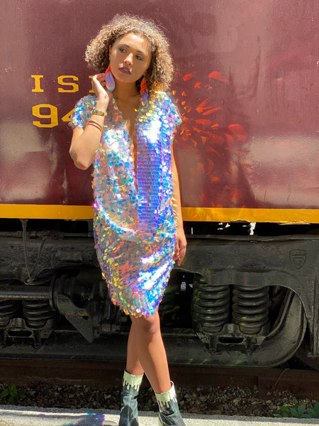 Sustainable Sequin Earrings-Tangerine, Lavender, Holographic Silver