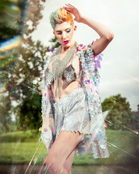 Holographic Iridescent Stripe Short Sequin Vest