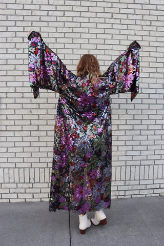 Lace Floral Sequin Bell Sleeve Kimono