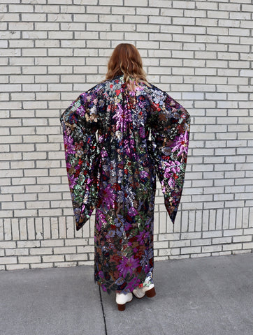 Lace Floral Sequin Bell Sleeve Kimono